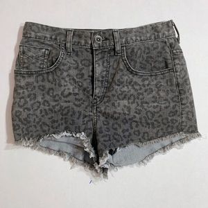 Vans High Rise Leopard Print Denim Shorts Womens 3 Gray Raw Hem Festival